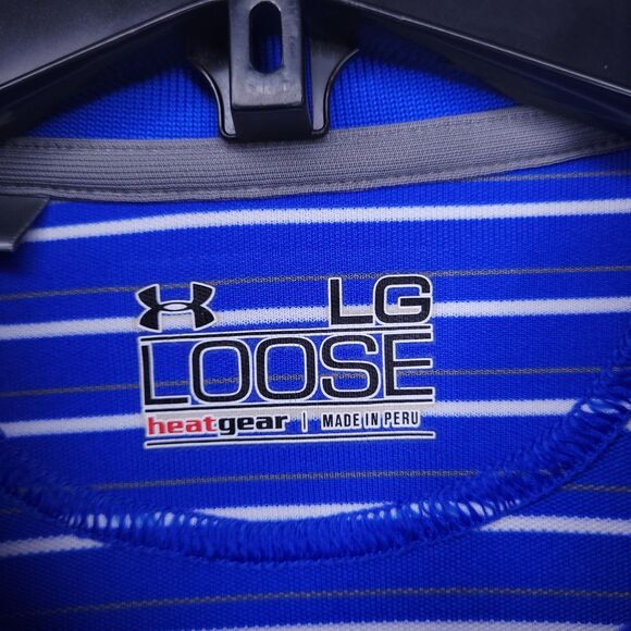 Under Armour Polo Shirt Mens Large Striped Blue White Performance Loose HeatGear - Picture 10 of 12